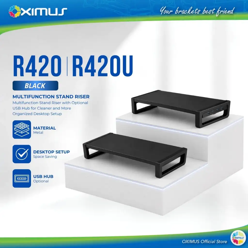 OXIMUS R420U Monitor Stand Riser + USB Hub Metal 20x50x8cm 16"-34" 20Kg (Black)