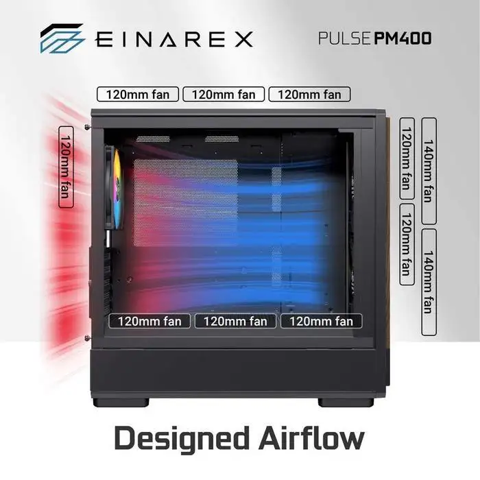 EINAREX Pulse PM400 White mATX Motif Kayu + 1 Fan + VGA Holder