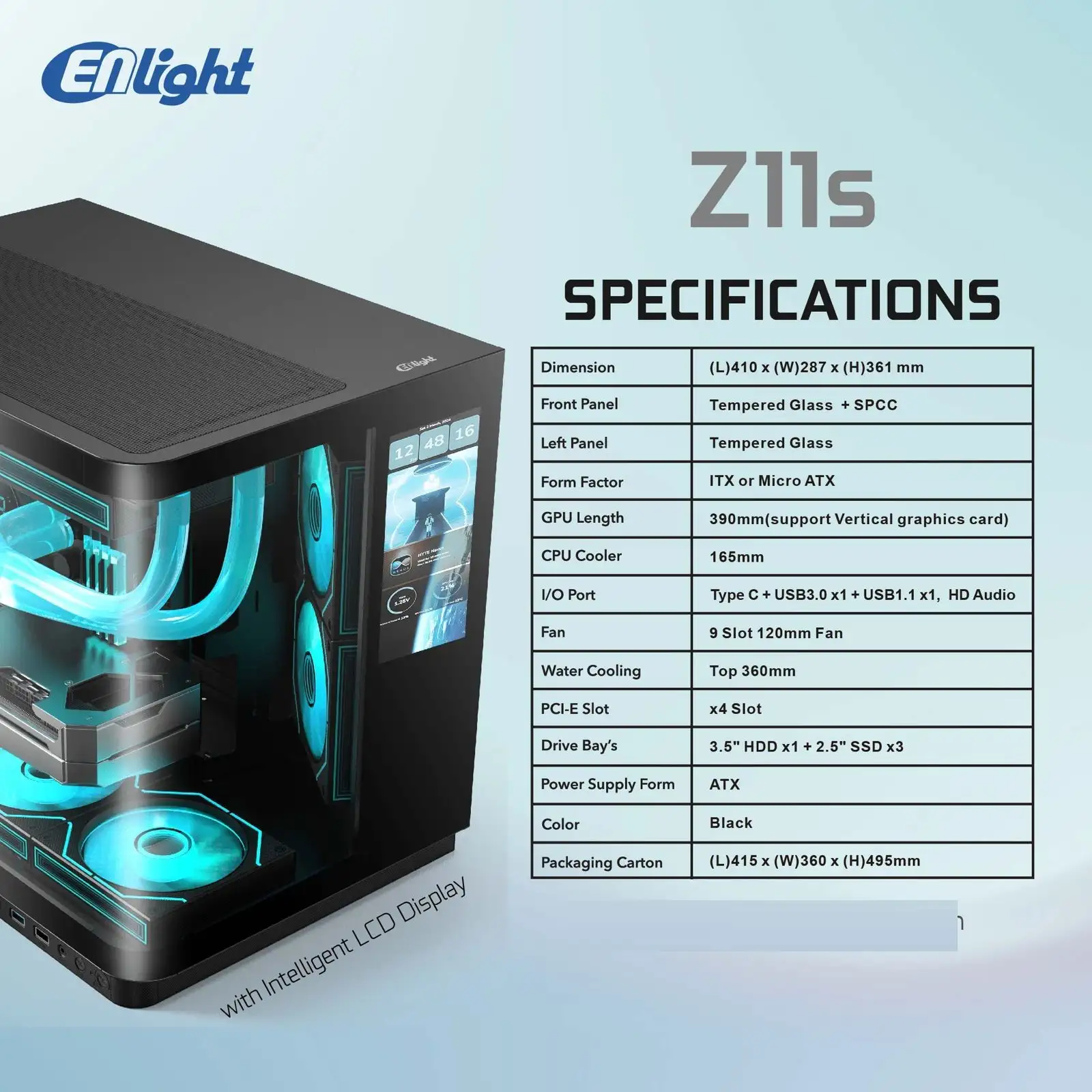 ENLIGHT Z11S LCD Display No Fan mATX Curve Temper - Black