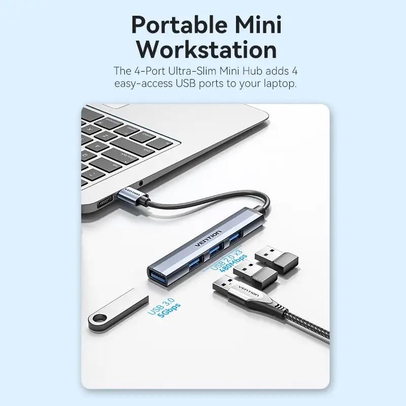 Vention USB HUB 3.0 4 Port to 1x USB 3.0 + 3x USB 2.0 Mini Hub 0.15m Gray Metal CKOHB