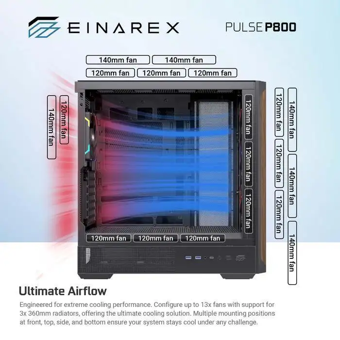 EINAREX Pulse P800 ATX Wood Panel + 4x 12cm ARGB Fan