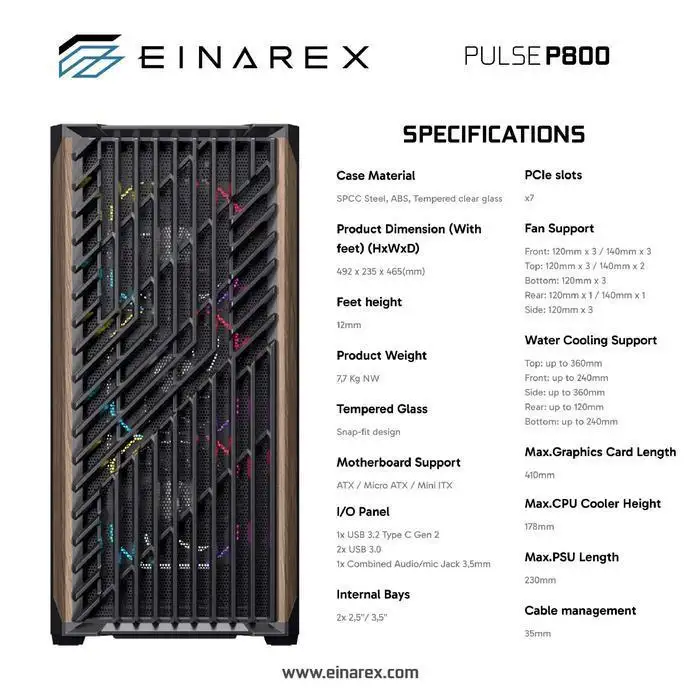EINAREX Pulse P800 ATX Wood Panel + 4x 12cm ARGB Fan