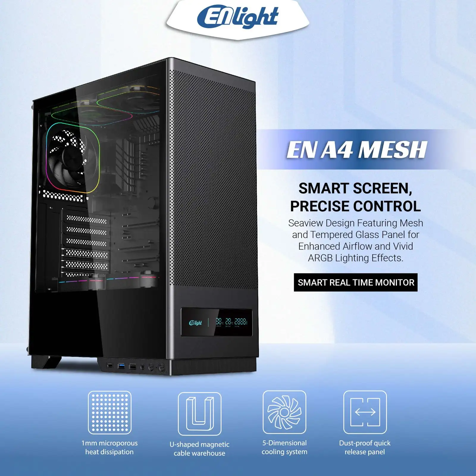 ENLIGHT A4 MESH BLACK ATX + Digital Display + 3 Fan F124 (Fix RGB)