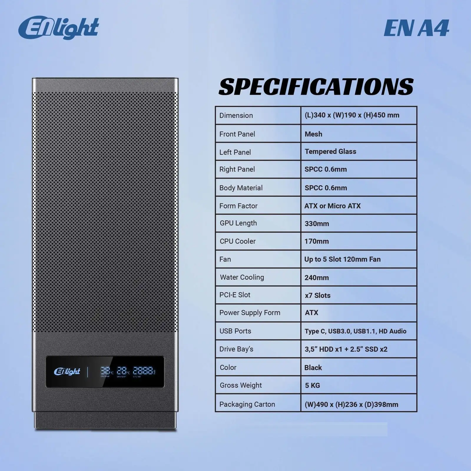 ENLIGHT A4 MESH BLACK ATX + Digital Display + 3 Fan Avalon X / Nova (aRGB)