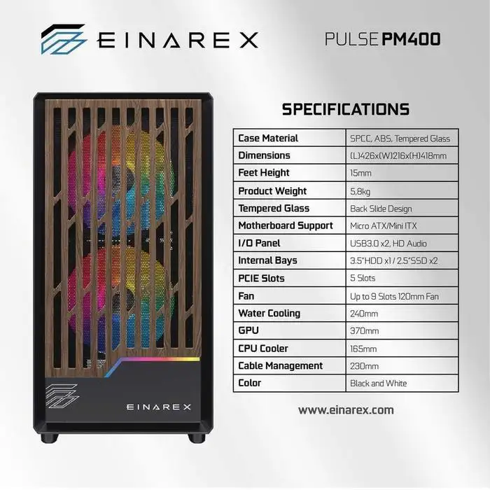 EINAREX Pulse PM400 White mATX Motif Kayu + 1 Fan + VGA Holder