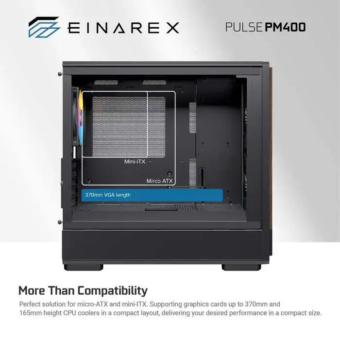 EINAREX Pulse PM400 White mATX Motif Kayu + 1 Fan + VGA Holder