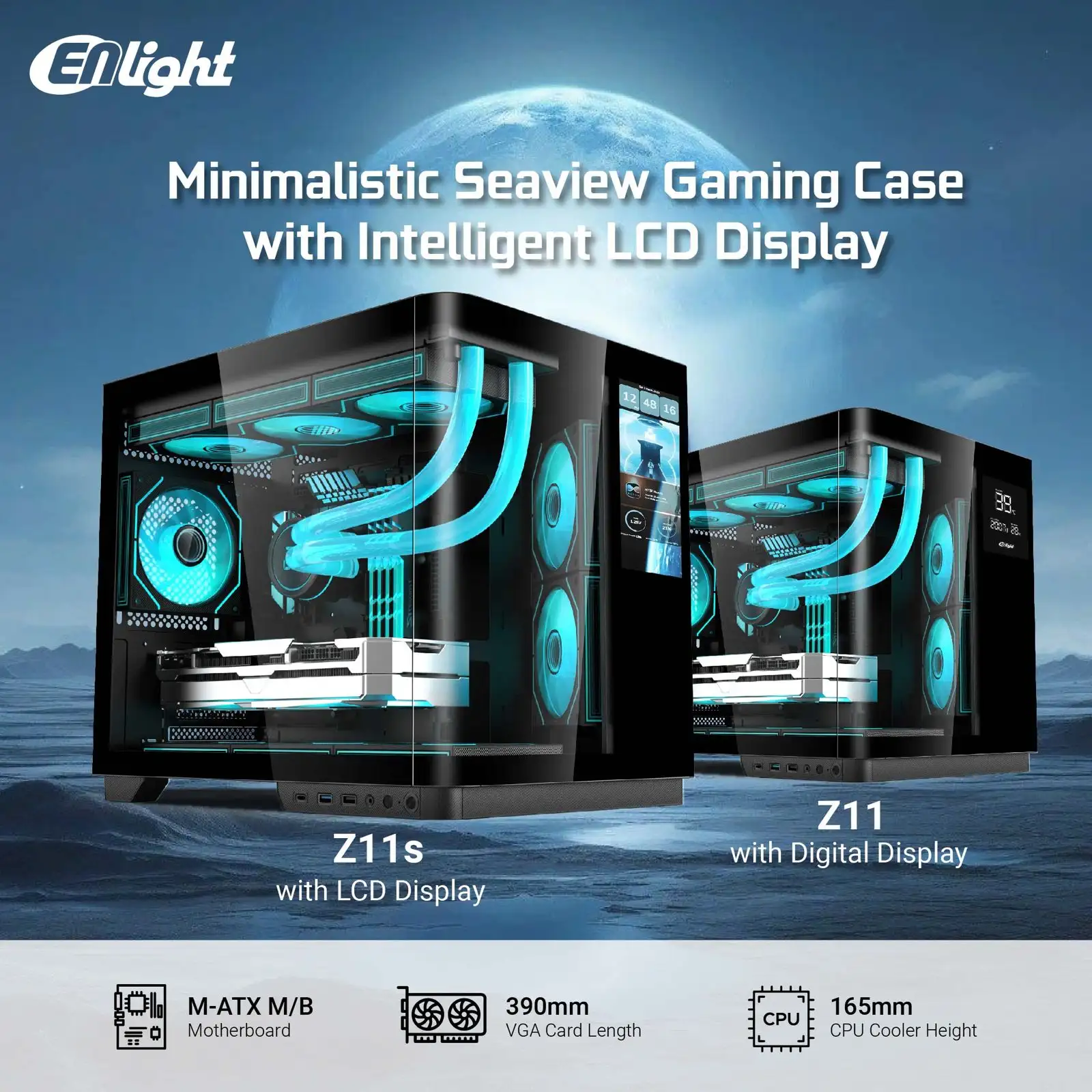 ENLIGHT Z11S LCD Display + 3 Fan Avalone X mATX Curve Temper - Black