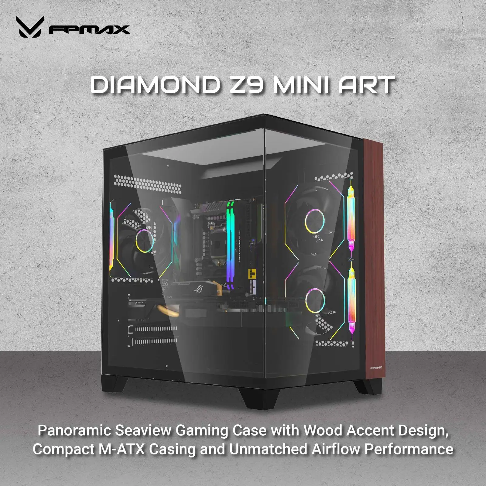 FPMAX Diamond Z9 Mini Art Black + Wood + 3 Fan ARGB m-ATX