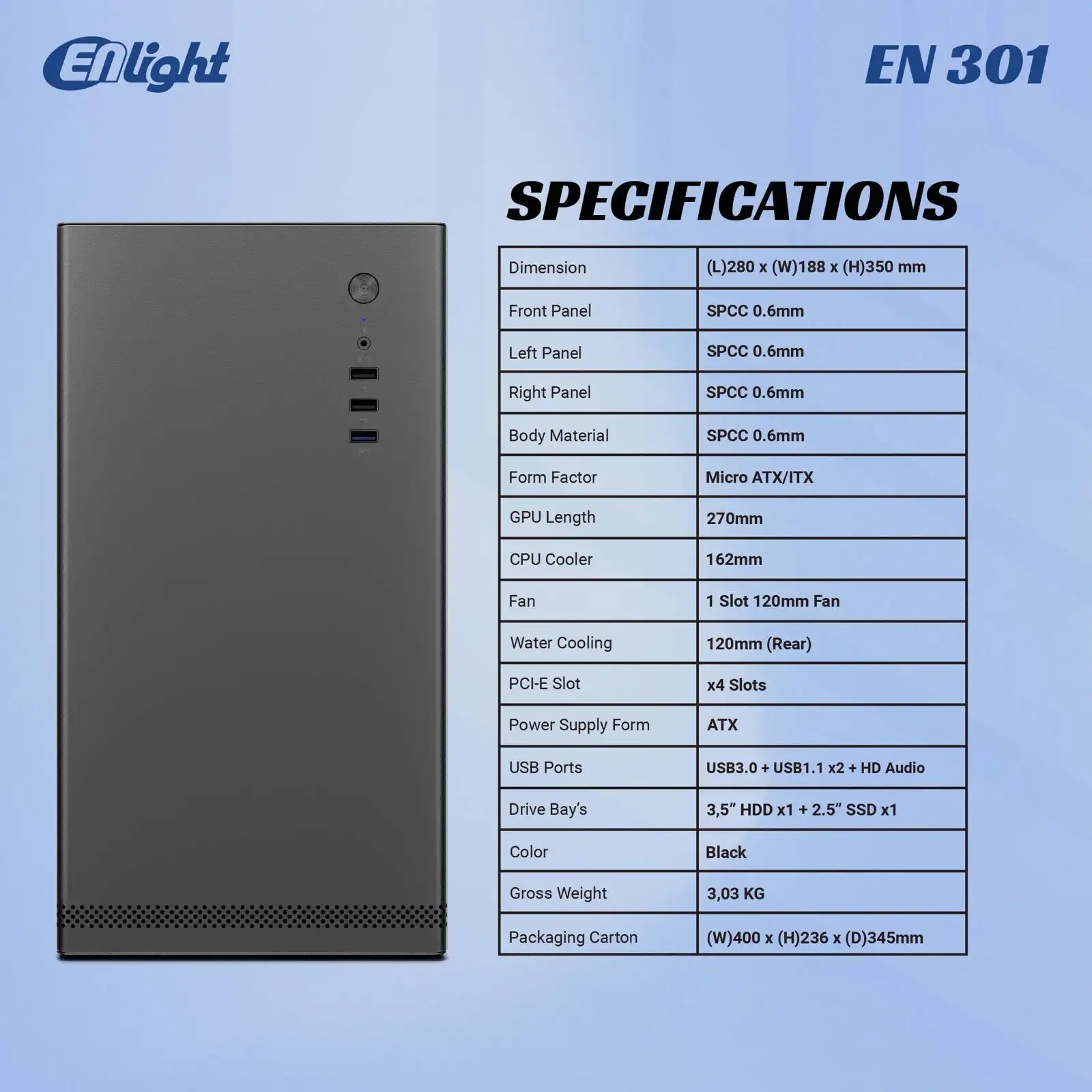 ENLIGHT EN-301 + 300W White Mid Slim mATX USB3.0