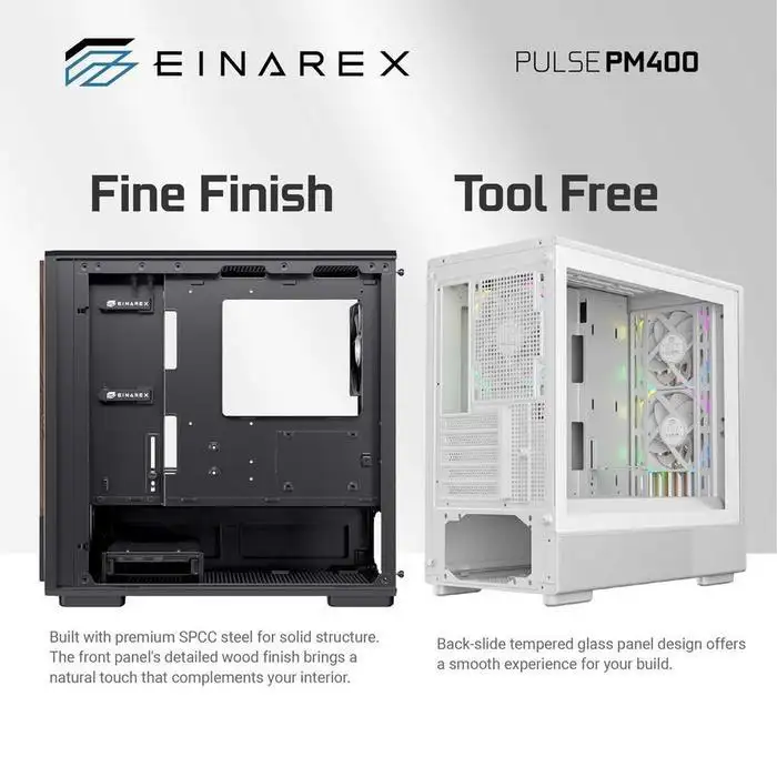 EINAREX Pulse PM400 Black mATX Motif Kayu + 1 Fan + VGA Holder
