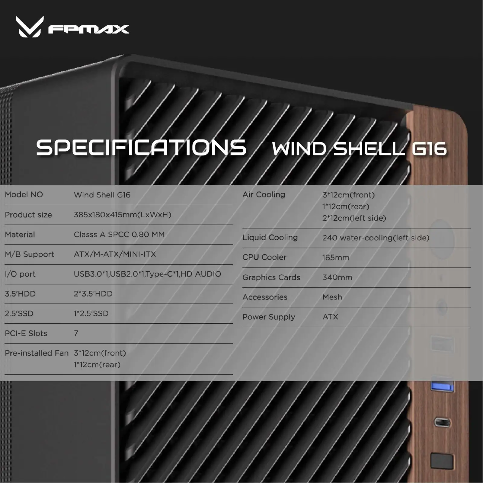 FPMAX Wind Shell G16 USB-C White + Wood + 1 Fan