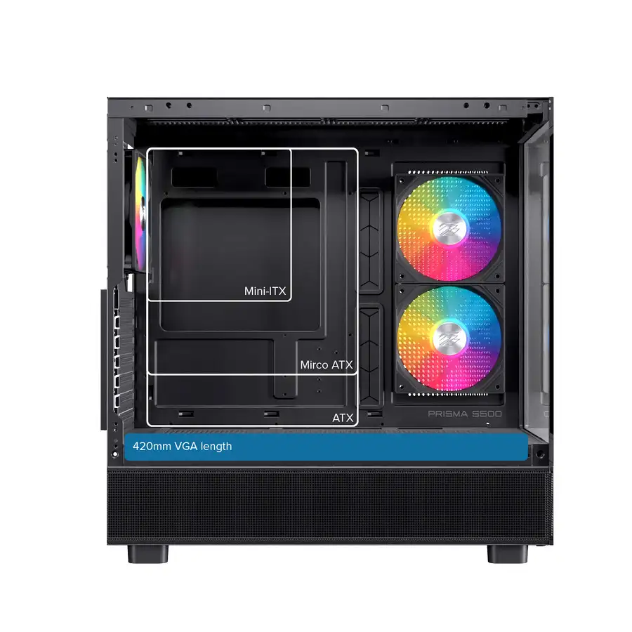 EINAREX Prisma S500 Black ATX Type-C 2x 12cm Reverse + 1x12cm ARGB Fan