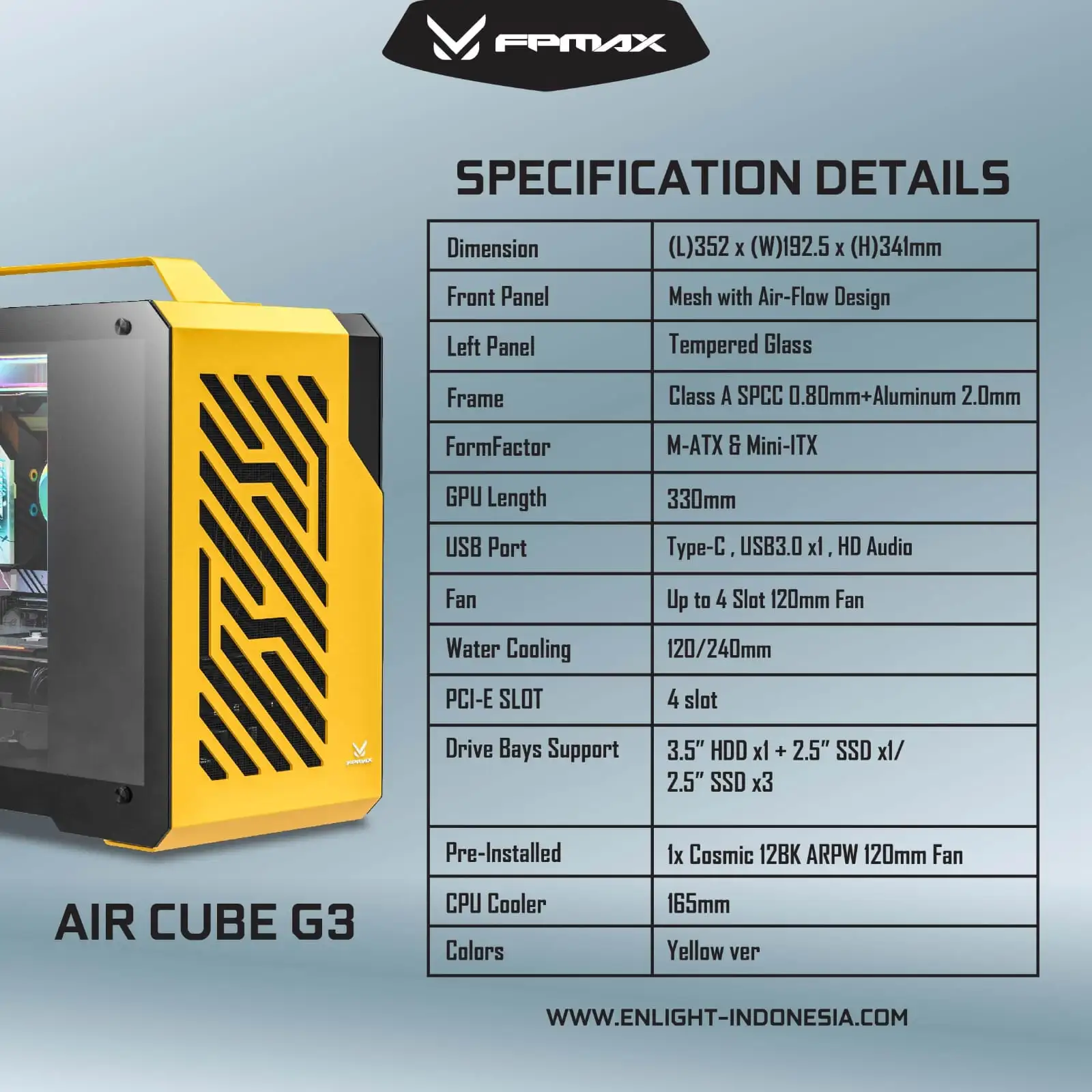 FPMAX Air Cube G3 Yellow Metal + Handle + 1 Fan ARGB