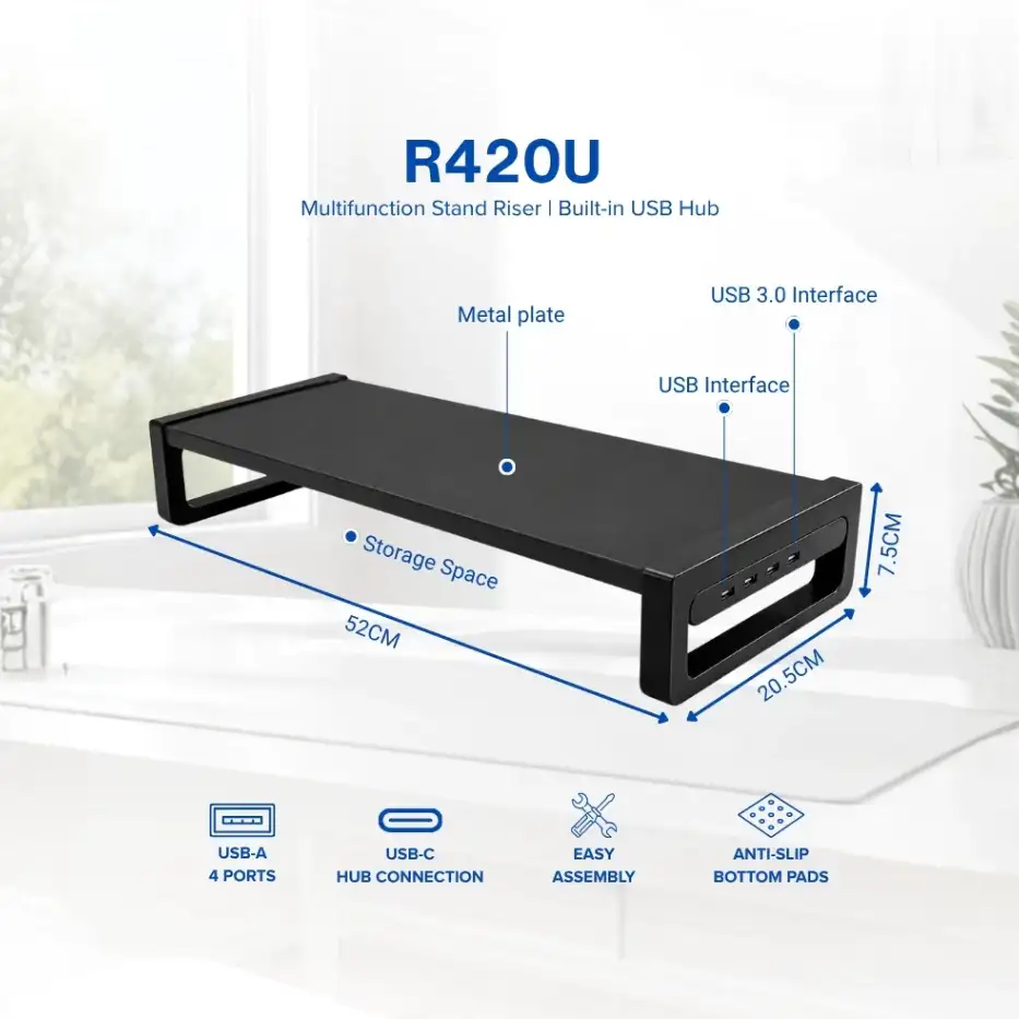 OXIMUS R420U Monitor Stand Riser + USB Hub Metal 20x50x8cm 16"-34" 20Kg (Black)