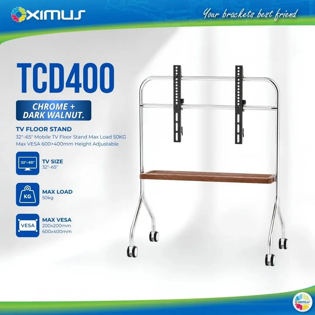 OXIMUS TCD400 TV Floor Cart Standing Roda Portable 32"-65" 50Kg (Chrome + Walnut)