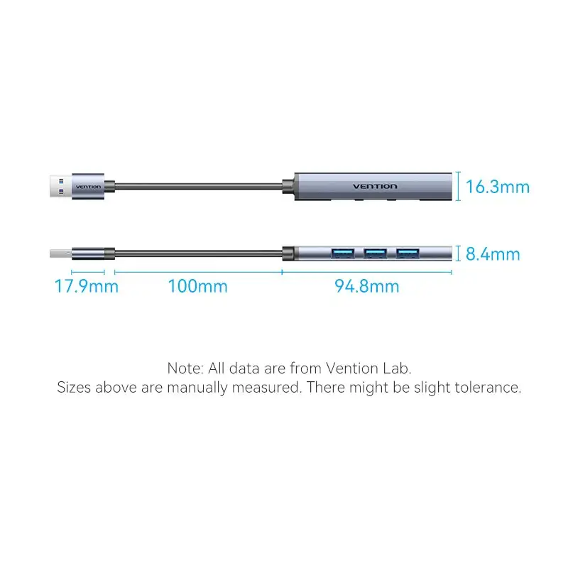 Vention USB HUB 3.0 4 Port to 1x USB 3.0 + 3x USB 2.0 Mini Hub 0.15m Gray Metal CKOHB