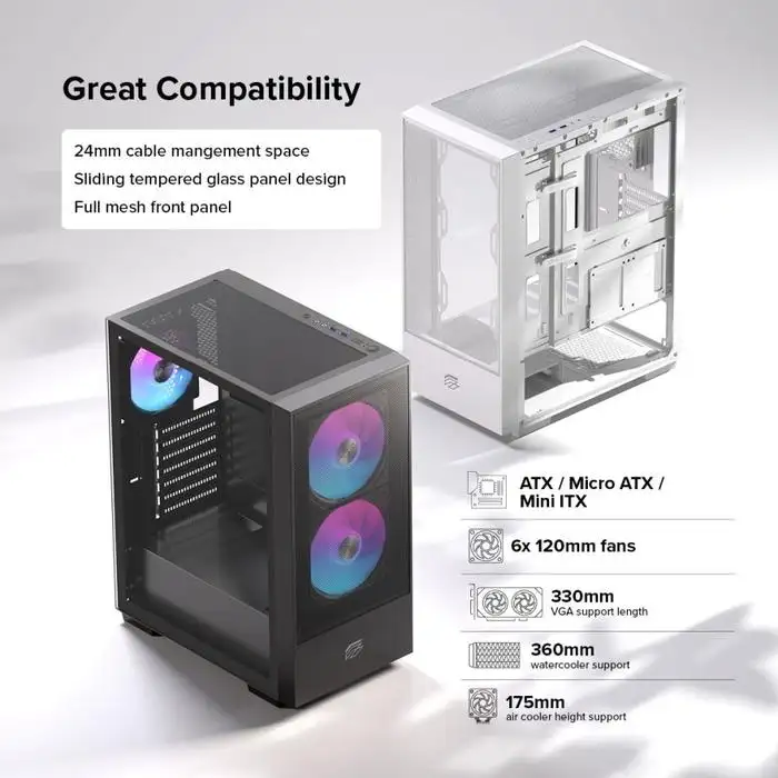 EINAREX Pulse P100 White ATX 2x 14cm + 1x 12cm ARGB Fan