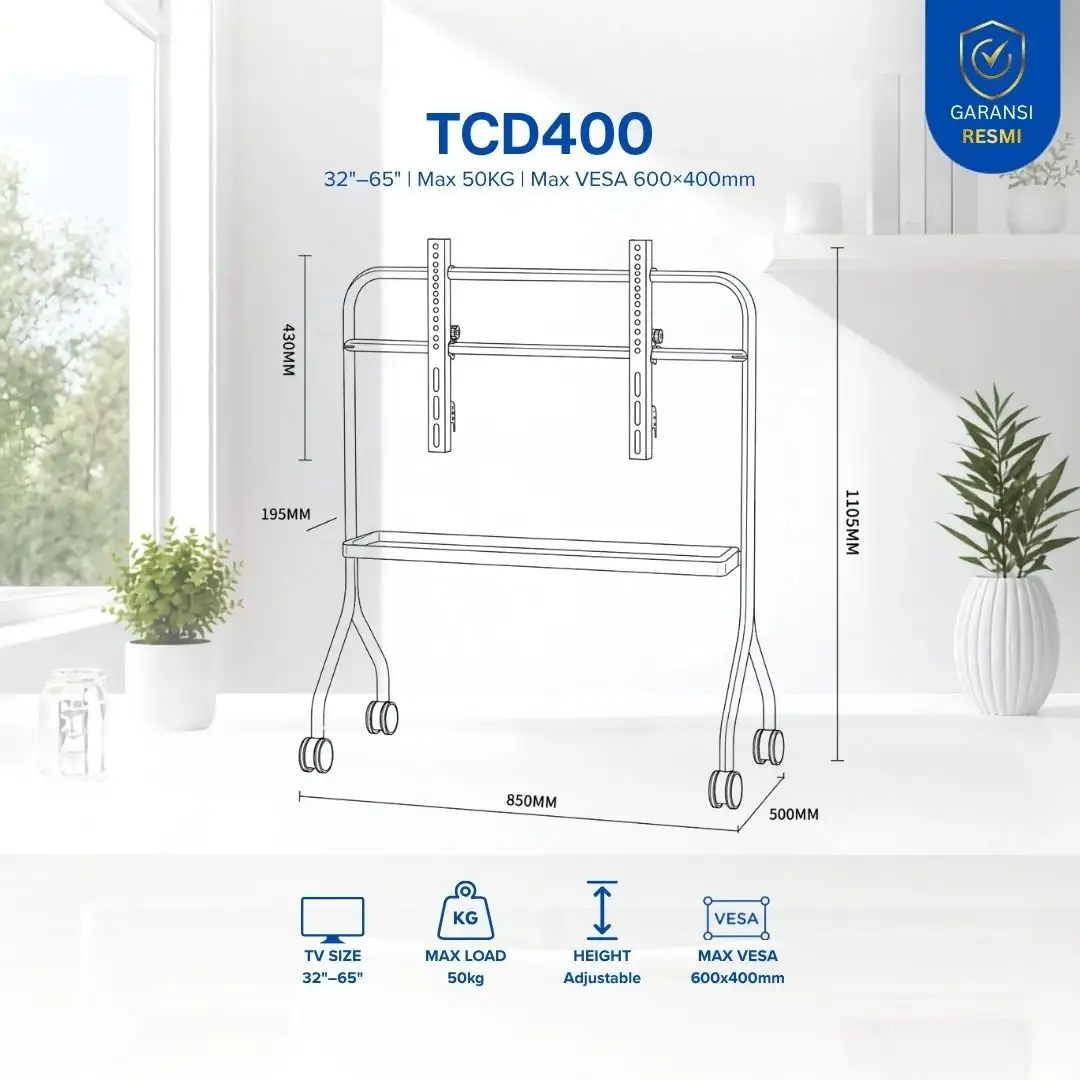 OXIMUS TCD400 TV Floor Cart Standing Roda Portable 32"-65" 50Kg (Chrome + Walnut)