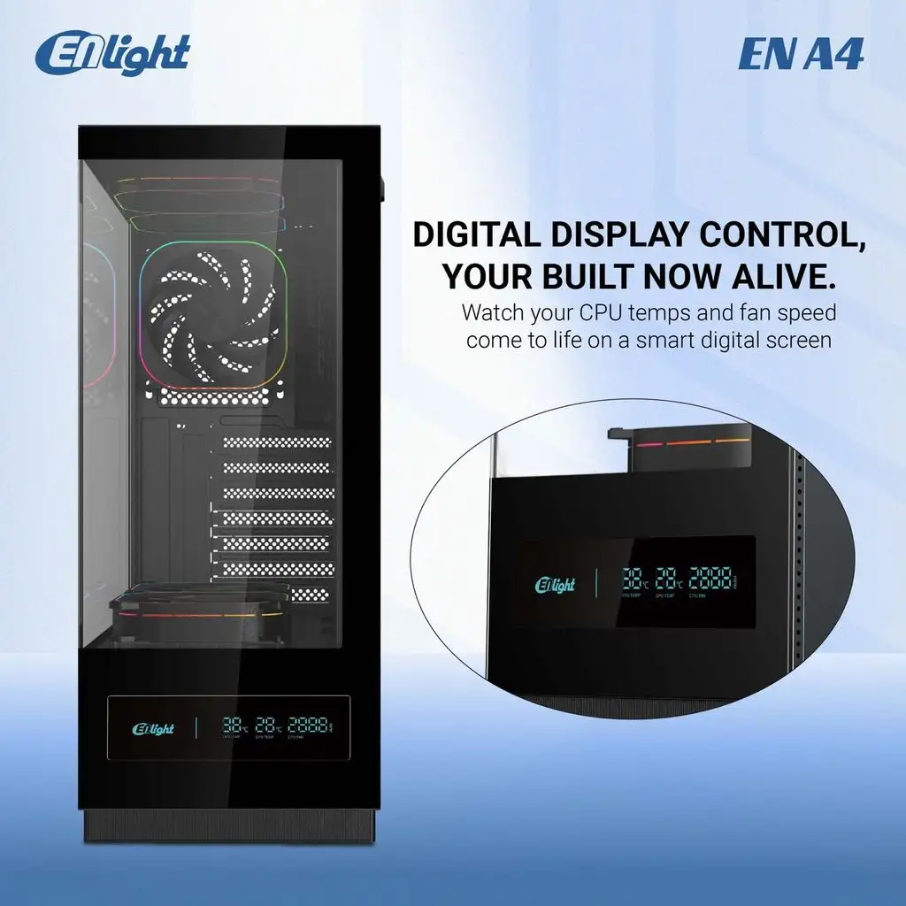 ENLIGHT A4 TEMPER BLACK ATX + Digital Display + 3 Fan Avalon X / Nova (aRGB)