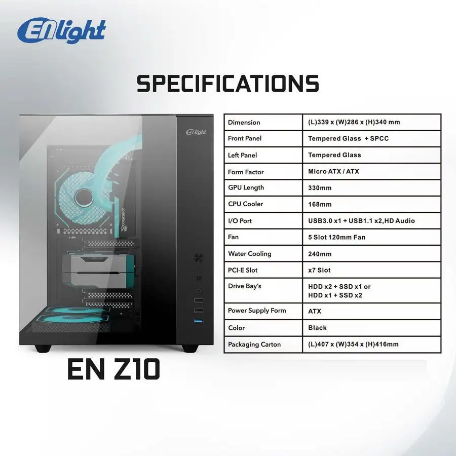 ENLIGHT Z10 BLACK No Fan ATX 3 Side Temper Glass