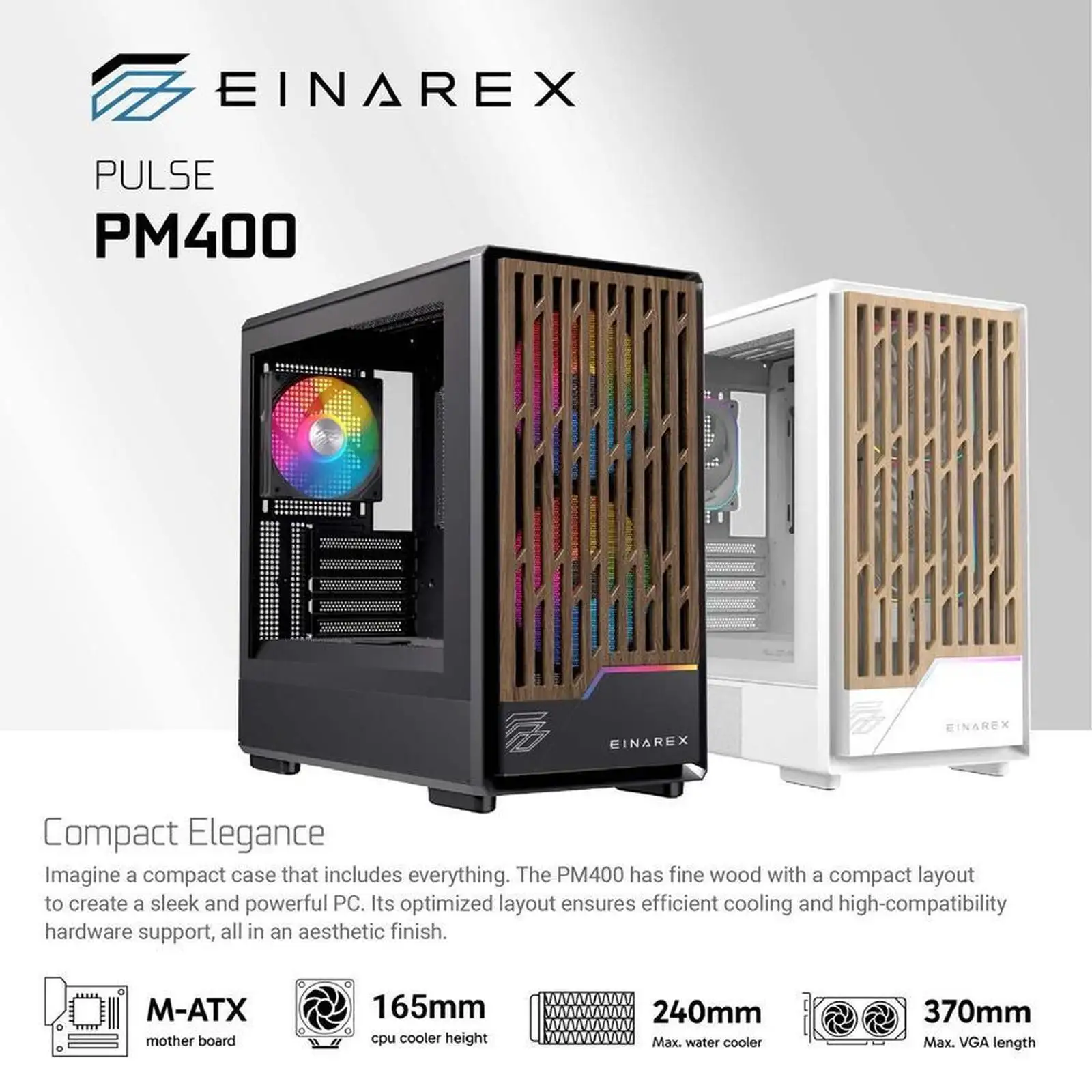EINAREX Pulse PM400 White mATX Motif Kayu + 1 Fan + VGA Holder