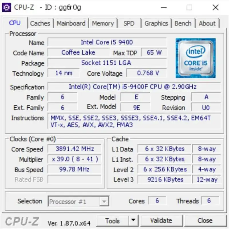 Intel Core i5 9400 Tray + Fan LGA 1151