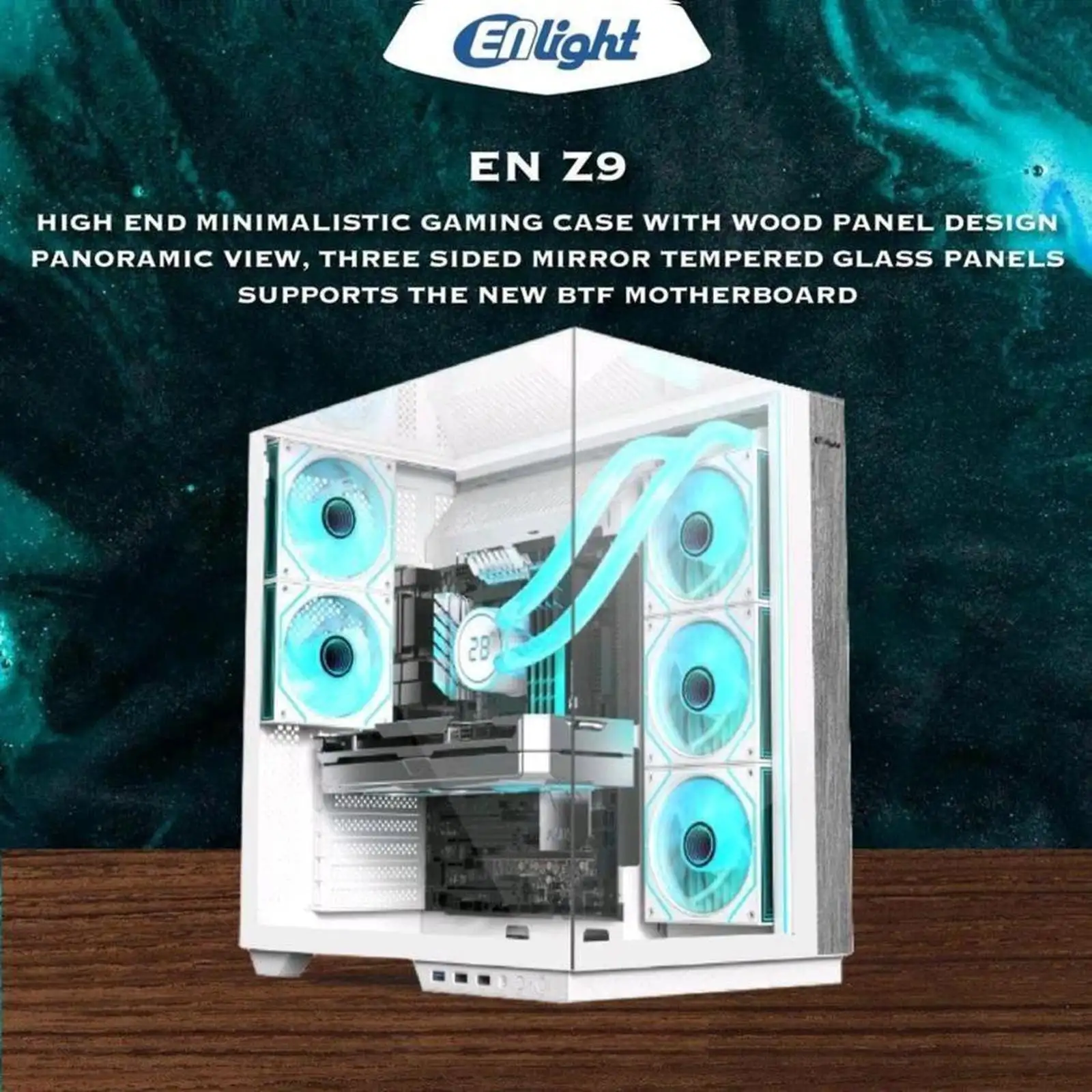ENLIGHT Z9 WHITE + Wood + Led Strip ATX Seaview 3 Side temper Glass