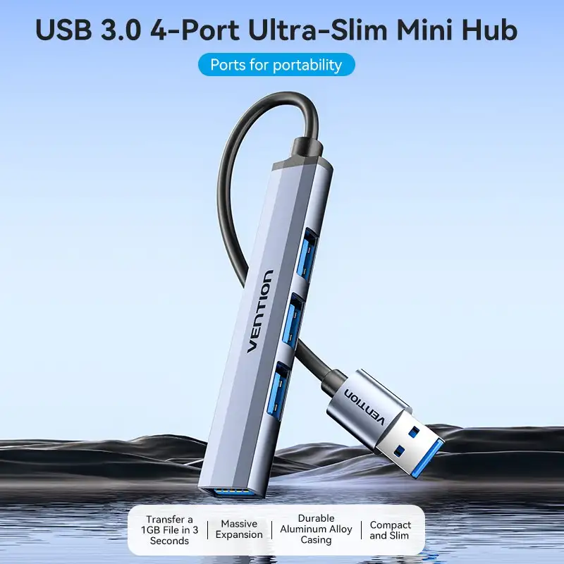 Vention USB HUB 3.0 4 Port to 1x USB 3.0 + 3x USB 2.0 Mini Hub 0.15m Gray Metal CKOHB