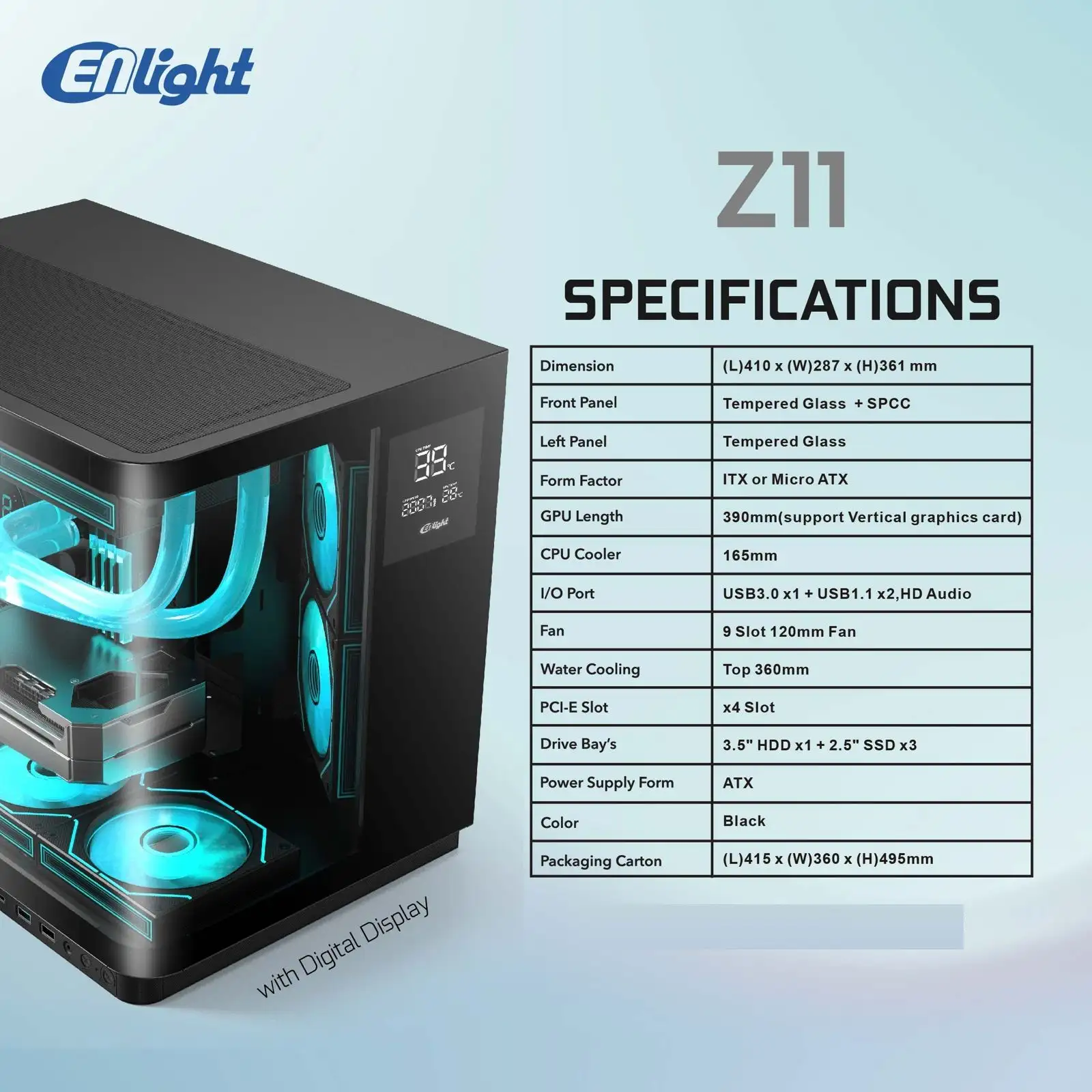 ENLIGHT Z11 Digital Display + 3 Fan Avalone / Nova mATX Curve Temper - Black