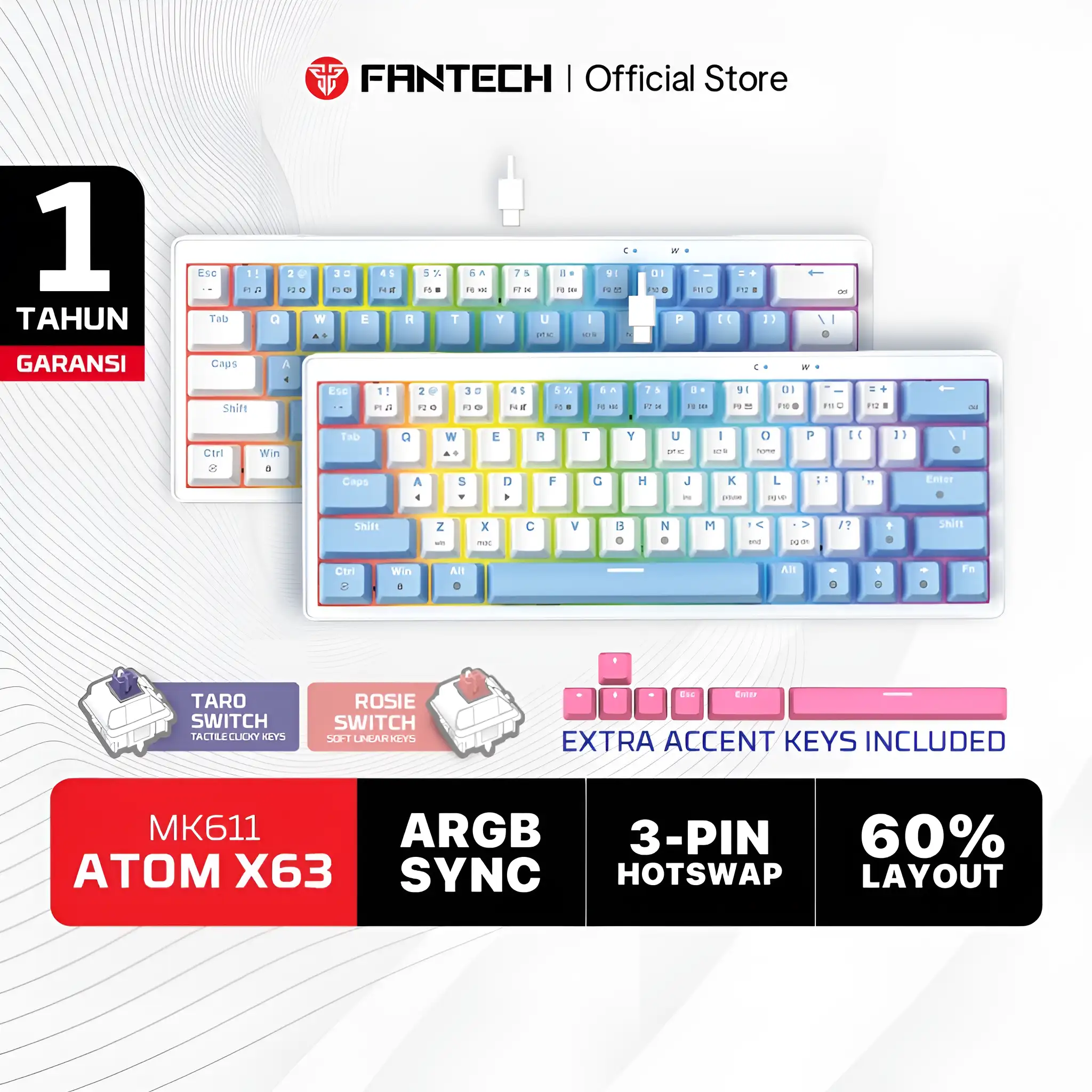 FANTECH KEYBOARD ATOM X 63 MK611 MECHA BLUE WHITE - ROSIE SWITCH